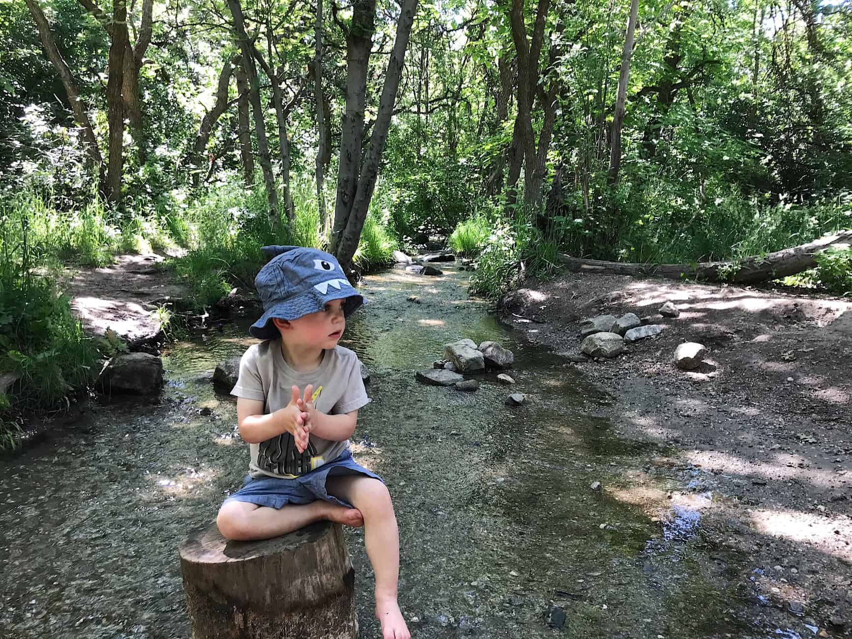 child in stream at Beus Pond