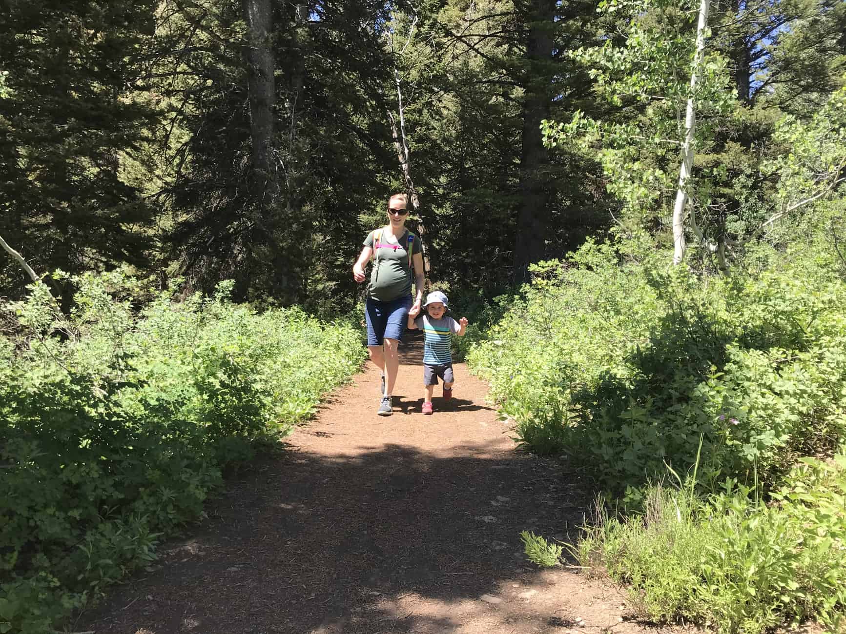 woman and toddler hiking Limber Pine Trail